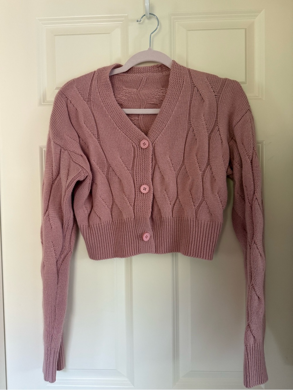 Cropped Cable Knit Cardigan Sweater - Dusty Pink